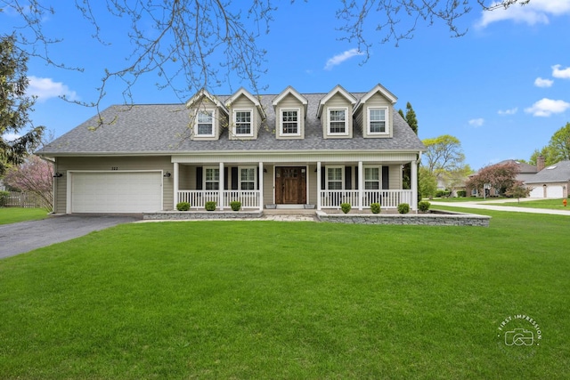 322 Arlington Ave, Naperville, IL 60565 - cape cod house with covered porch, asphalt driveway, a front lawn, an attached garage, and a shingled roof