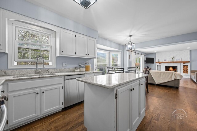 322 Arlington Ave, Naperville, IL 60565 - kitchen featuring stainless steel dishwasher, a sink, white cabinetry, a center island, and dark wood-style floors