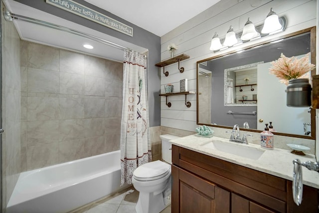 bathroom with tile patterned floors, vanity, toilet, and shower / tub combo with curtain