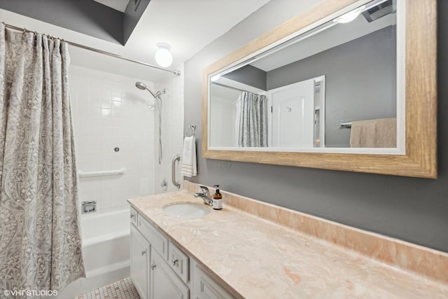 full bath with shower / bathtub combination with curtain, visible vents, and vanity