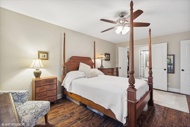 bedroom featuring ceiling fan, baseboards, and dark wood-style flooring