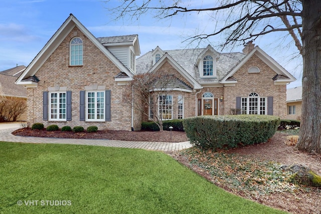 traditional home featuring a front yard, a chimney, and brick siding