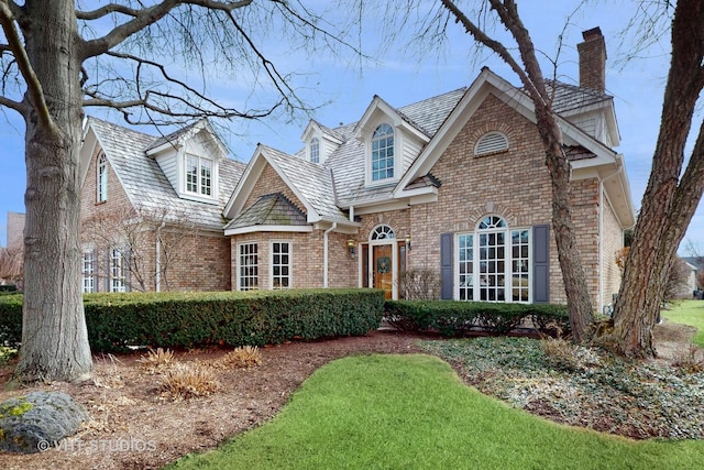 view of front of property with brick siding and a chimney