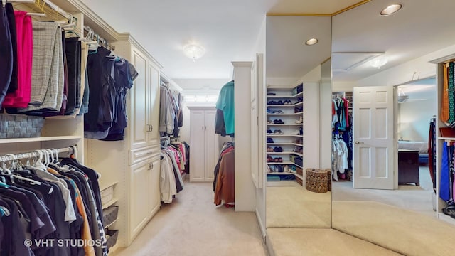 walk in closet with light carpet