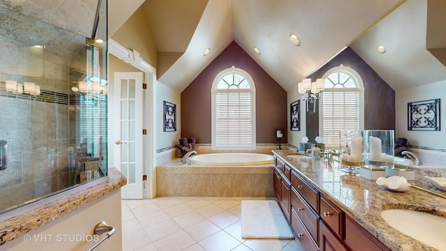 full bathroom with a stall shower, tile patterned floors, plenty of natural light, and a bath