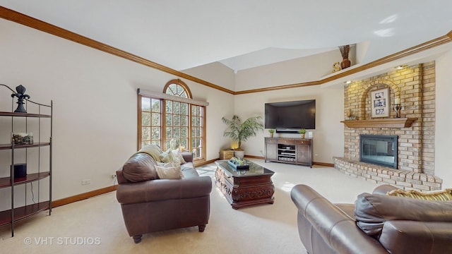 living room featuring carpet, a fireplace, baseboards, and crown molding