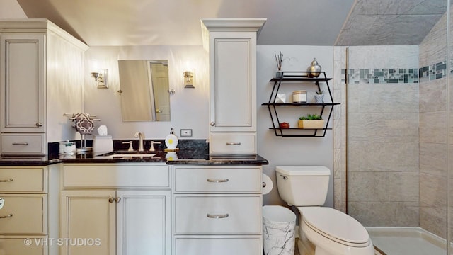 bathroom featuring tiled shower, vanity, and toilet