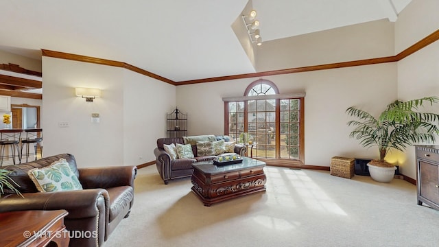 carpeted living room with high vaulted ceiling and baseboards