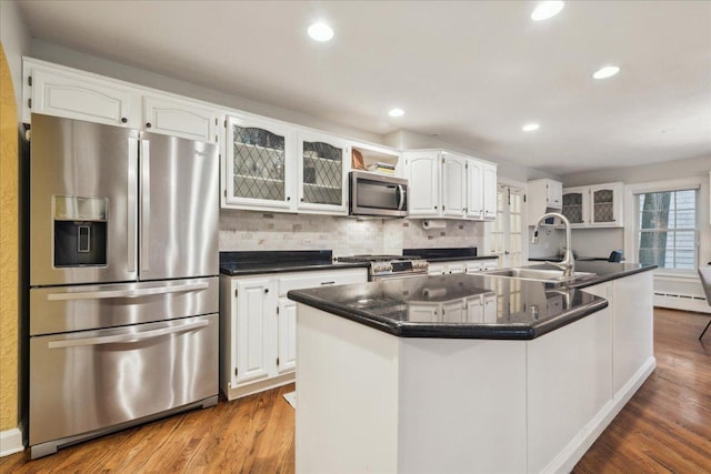 kitchen featuring appliances with stainless steel finishes, a baseboard radiator, white cabinetry, and a sink