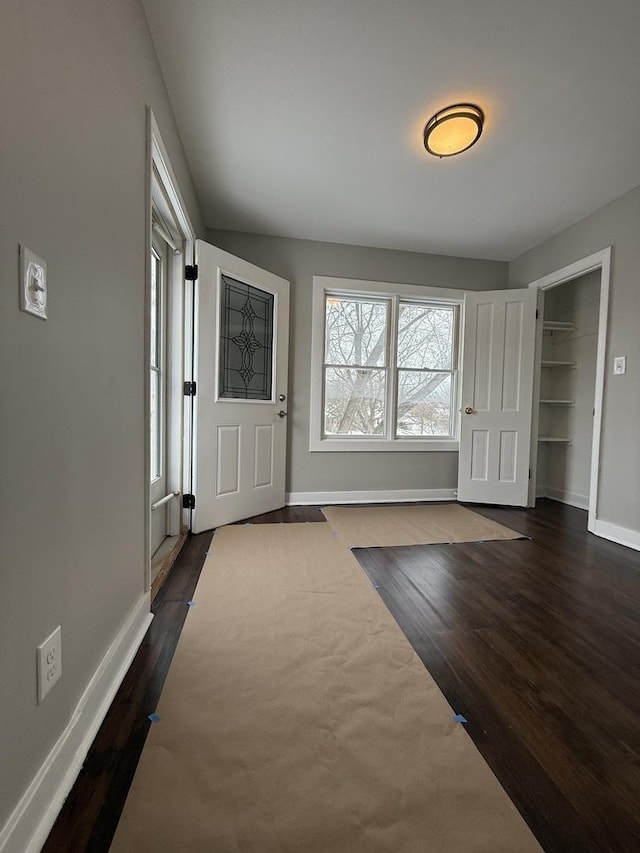 entryway with dark wood-style floors, baseboards, and a wealth of natural light