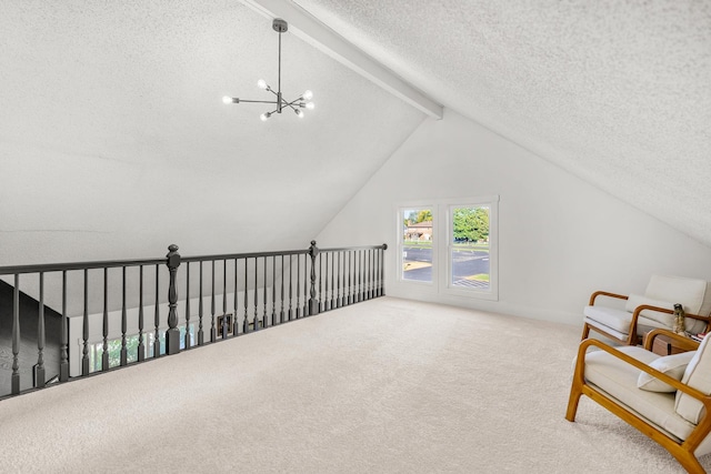 additional living space with a chandelier, carpet floors, vaulted ceiling with beams, and a textured ceiling