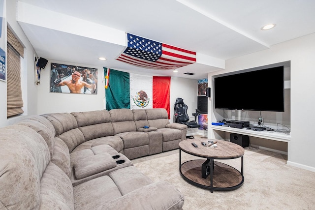 living room featuring carpet, baseboards, and recessed lighting