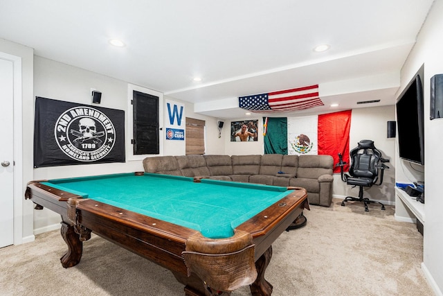 game room featuring baseboards, recessed lighting, and light colored carpet