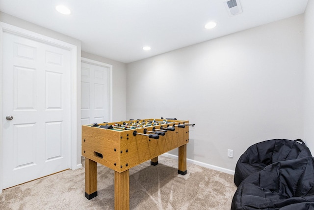 recreation room with carpet, visible vents, baseboards, and recessed lighting