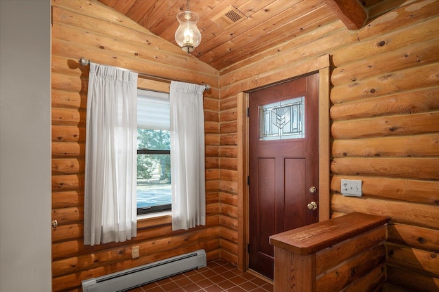 entryway with lofted ceiling, wooden ceiling, a baseboard heating unit, dark tile patterned flooring, and rustic walls