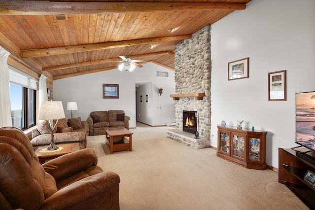 living room with wooden ceiling, visible vents, beamed ceiling, and a stone fireplace