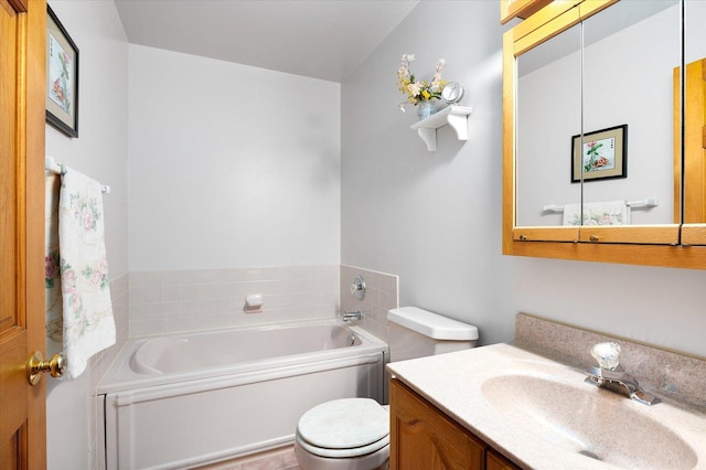 full bathroom with a garden tub, vanity, and toilet