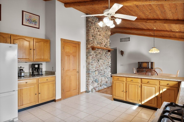 kitchen featuring vaulted ceiling with beams, light tile patterned floors, visible vents, wooden ceiling, and white appliances