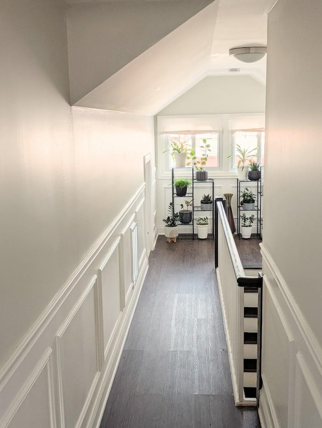 hall with a wainscoted wall, a decorative wall, dark wood-type flooring, vaulted ceiling, and an upstairs landing