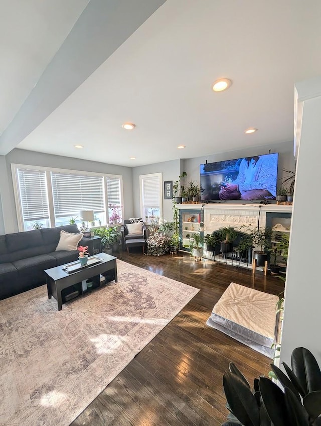 living room with dark wood-type flooring, recessed lighting, and a fireplace