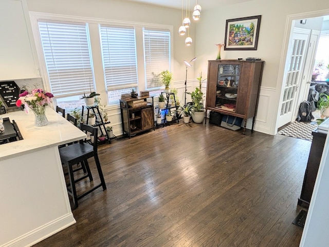 dining space featuring a decorative wall, dark wood-type flooring, and wainscoting