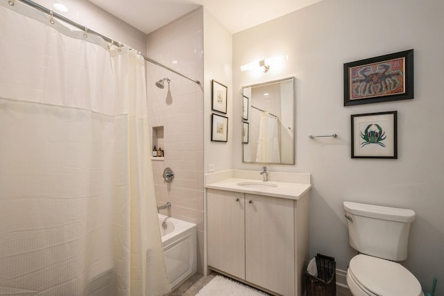 full bath with toilet, shower / tub combo, and vanity