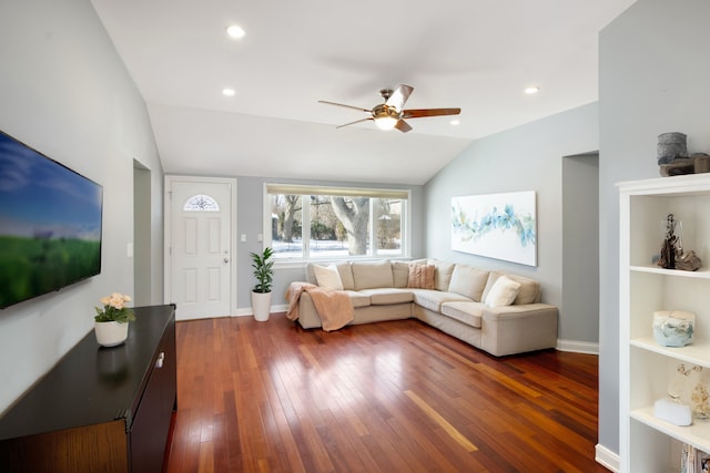 living room with built in features, dark wood-style flooring, recessed lighting, vaulted ceiling, and baseboards