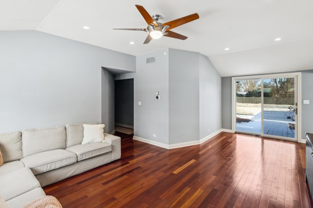 unfurnished living room with recessed lighting, dark wood-style flooring, visible vents, baseboards, and vaulted ceiling