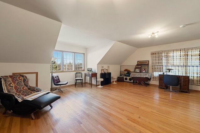 living area with vaulted ceiling and light wood finished floors