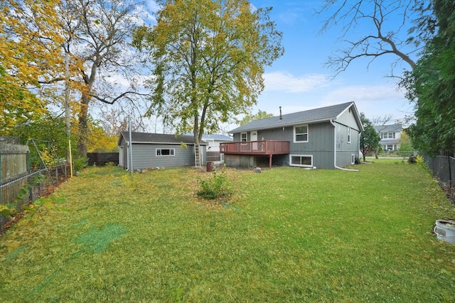 view of yard featuring a fenced backyard and a wooden deck