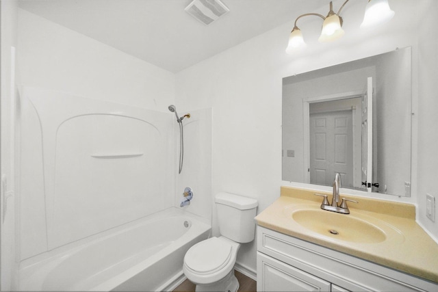 full bath featuring visible vents, shower / washtub combination, toilet, and vanity