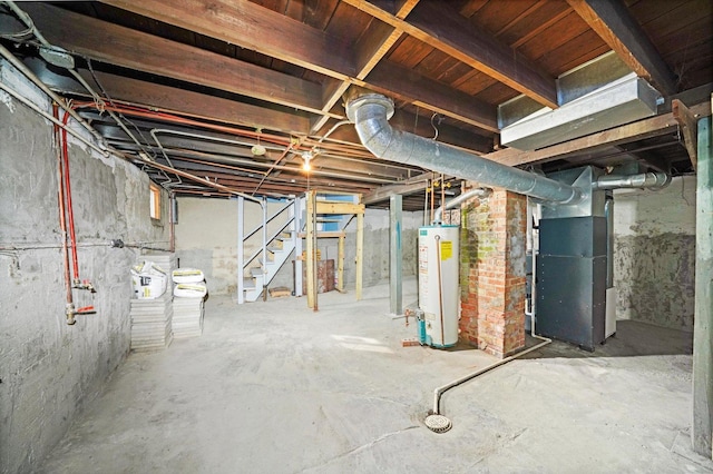 unfinished basement featuring stairs, gas water heater, and heating unit