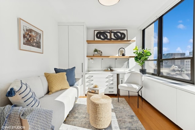 sitting room with light wood-type flooring and built in study area