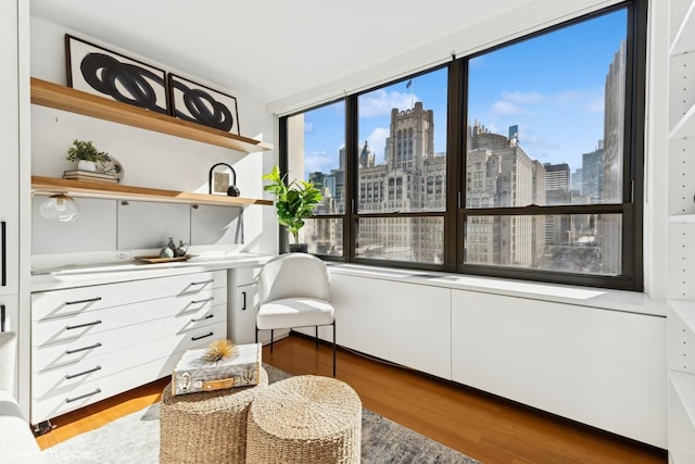 living area featuring a city view and wood finished floors