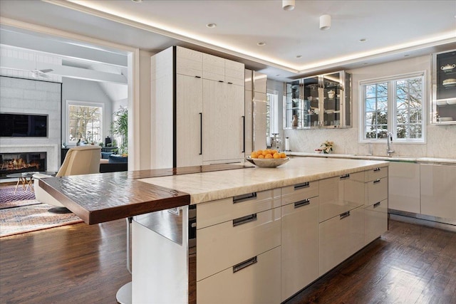 kitchen with glass insert cabinets, a healthy amount of sunlight, a fireplace, and dark wood-style flooring