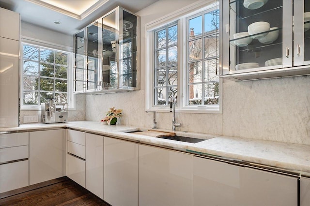 kitchen featuring decorative backsplash, white cabinets, glass insert cabinets, and a sink