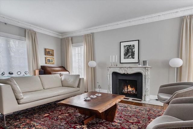 living room featuring baseboards, wood finished floors, ornamental molding, and a high end fireplace