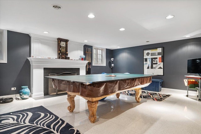 game room with recessed lighting, baseboards, billiards, and a fireplace