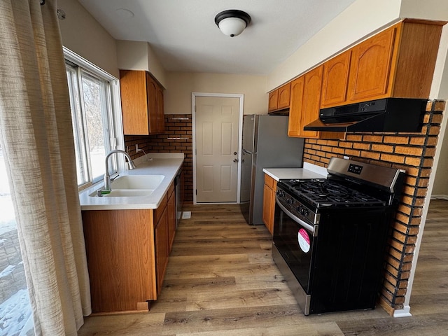 kitchen featuring stainless steel appliances, light countertops, light wood-style floors, a sink, and ventilation hood