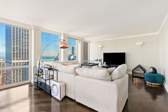 living area with ornamental molding, expansive windows, dark wood finished floors, and baseboards