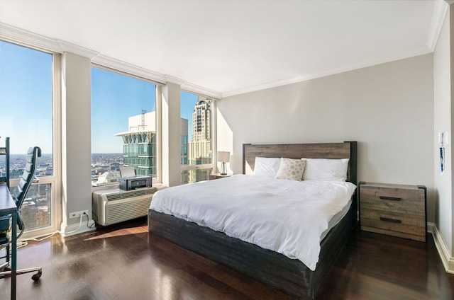 bedroom featuring ornamental molding, a view of city, multiple windows, and wood finished floors