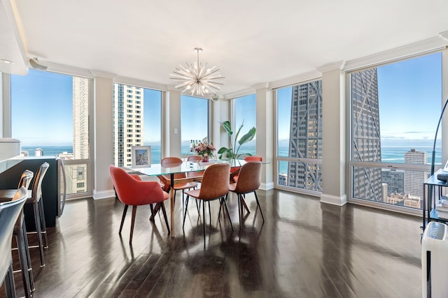 dining room featuring baseboards, an inviting chandelier, wood finished floors, and floor to ceiling windows