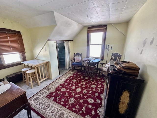 sitting room with a healthy amount of sunlight, carpet flooring, and vaulted ceiling