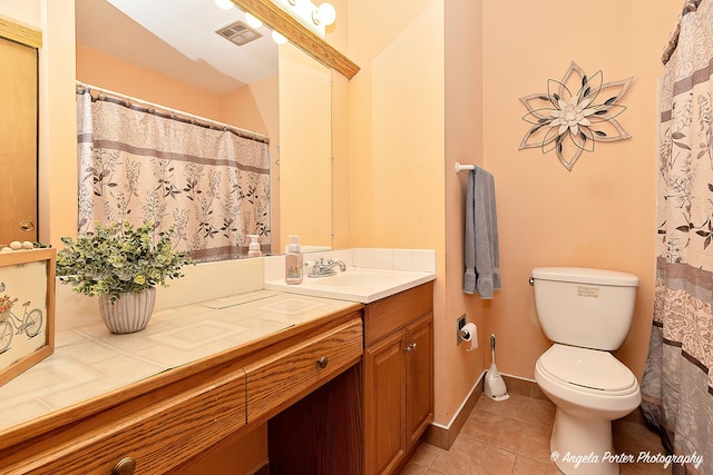 full bathroom featuring visible vents, baseboards, toilet, tile patterned flooring, and vanity