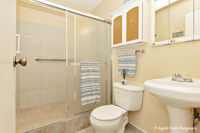 full bath featuring a sink, a shower stall, and toilet