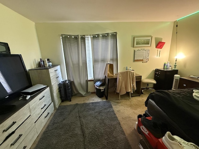 bedroom featuring light carpet