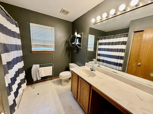 bathroom with toilet, curtained shower, visible vents, and vanity