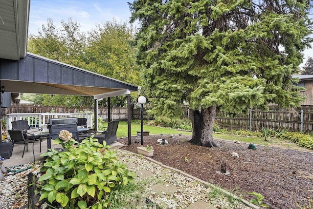 view of yard featuring an outdoor hangout area, a patio area, and a fenced backyard