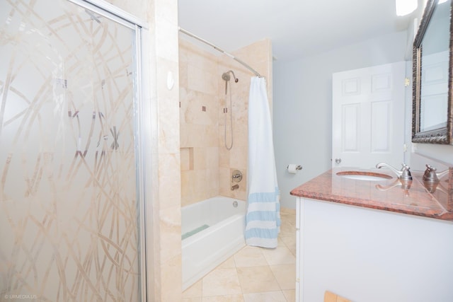 full bathroom with tile patterned floors, shower / tub combo with curtain, and vanity