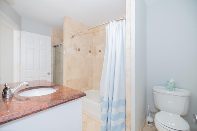 full bath with toilet, tile patterned floors, shower / bathtub combination with curtain, and vanity